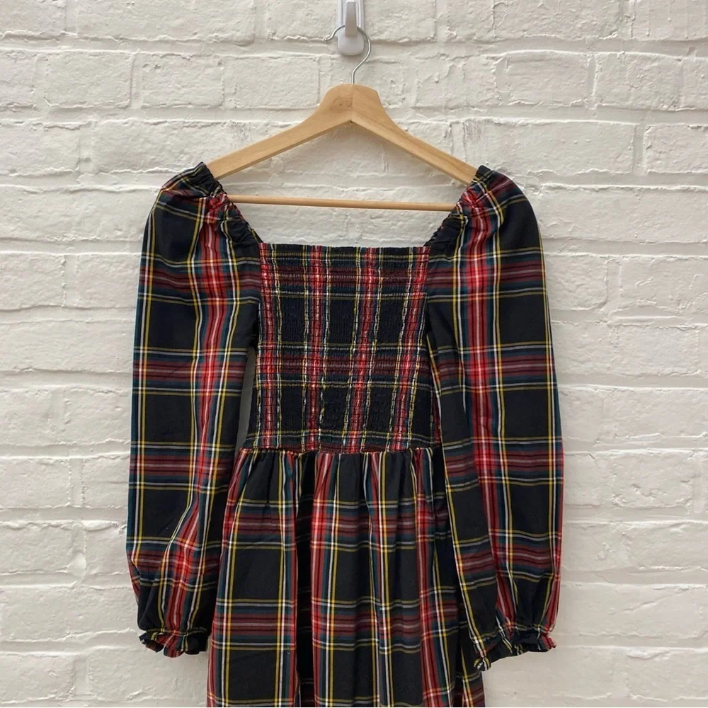 J. Crew‎ || Tartan Plaid Smocked Holiday Midi Dress Black XXS Petite